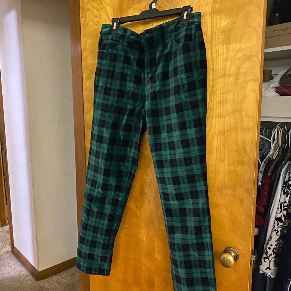 Talbots crush velvet green and black plaid pants.